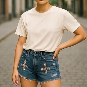 Levi’s 527 Cutoff Jean Shorts Studded Crosses Blue Denim Mid Rise Size 30